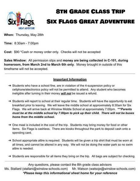 8th Grade Six Flag Permission Slips are Due